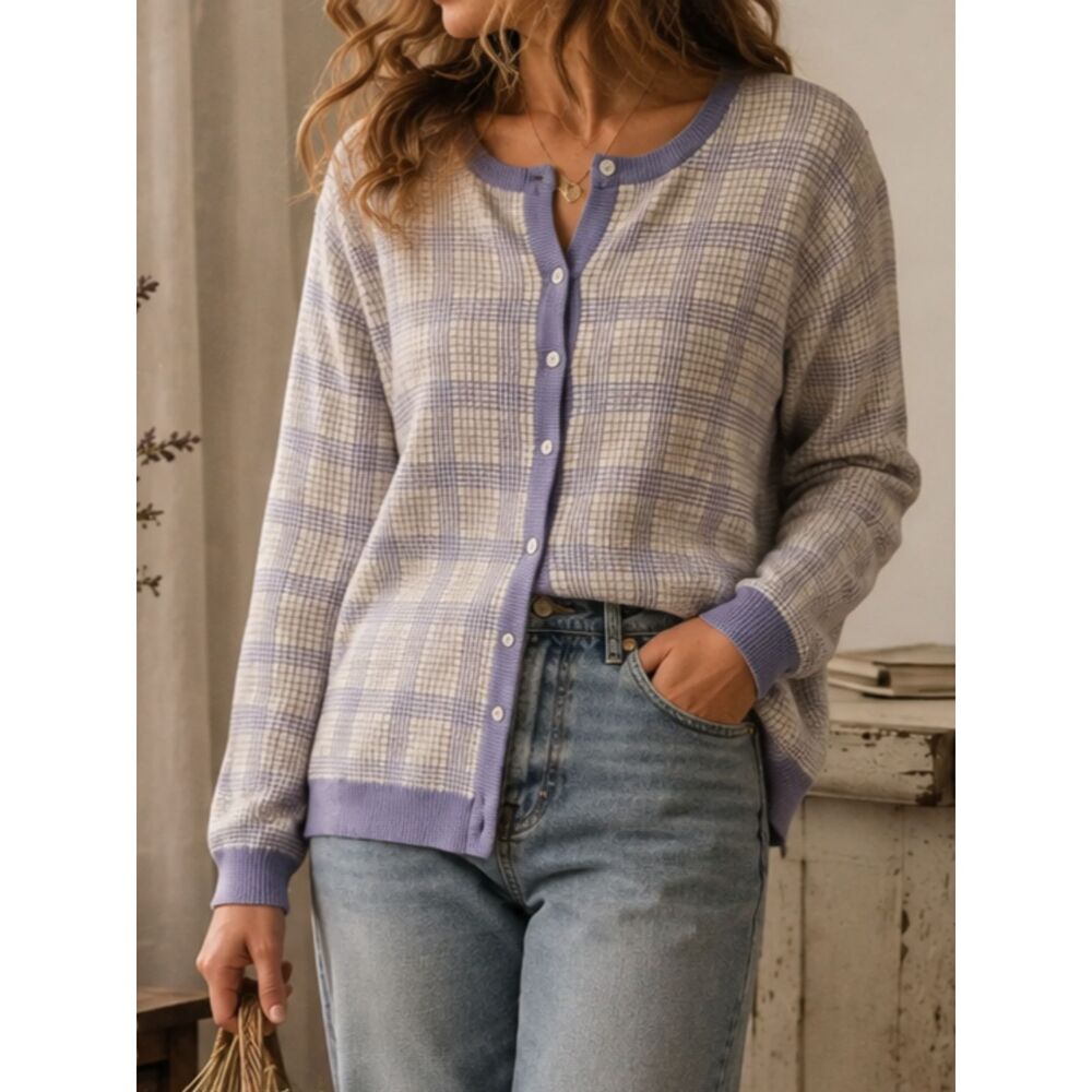 Vintage Bleyle Silk Cotton Plaid Cardigan Sweater Lavender White Size Large